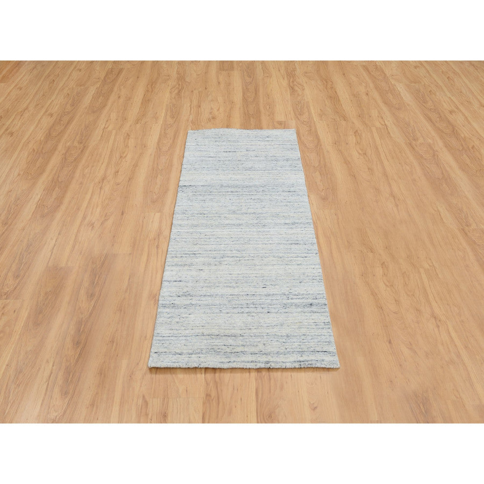 Ivory Hand Loomed Plain Modern Striped Design Natural Wool Runner Rug, 2'6"x6'
