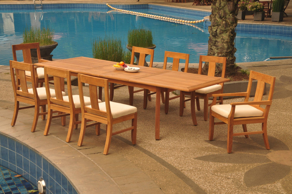 9-Piece Outdoor Teak Dining Set, 117" Extension Rectangle Table, 8 Osbo Chairs