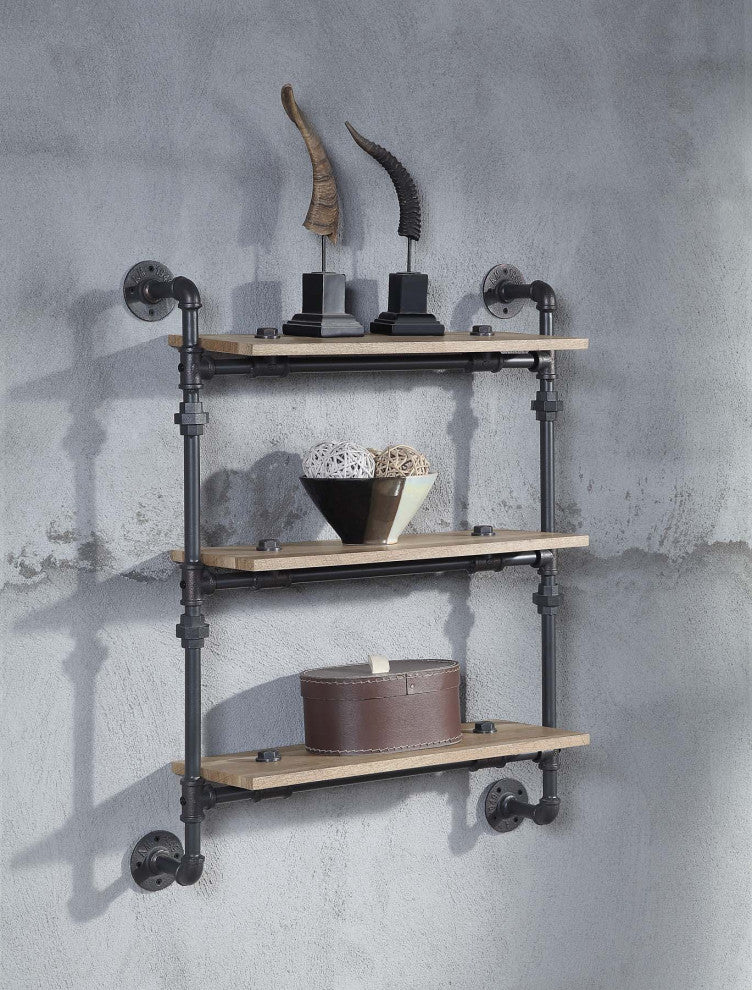 3 Tier Oak Wood Floating Shelf With Metal Tube, Sandy Black