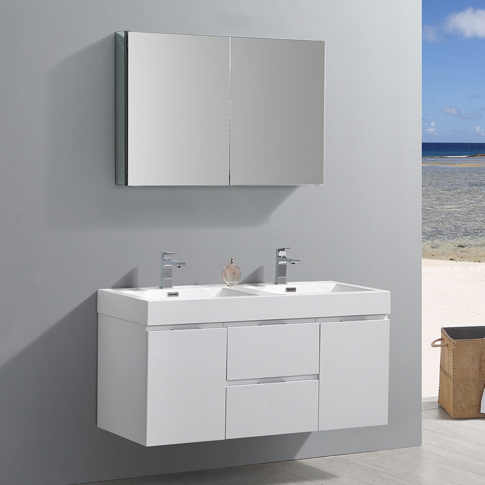 Valencia 48" Glossy White Wall Hung Double Sink Vanity, Faucet FFT9151CH
