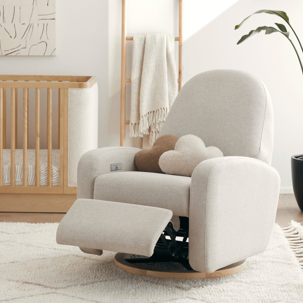 Nami Electronic Recliner and Swivel Glider Recliner, Boucle With USB port, Performance Beach Eco-Weave With Light Wood Base