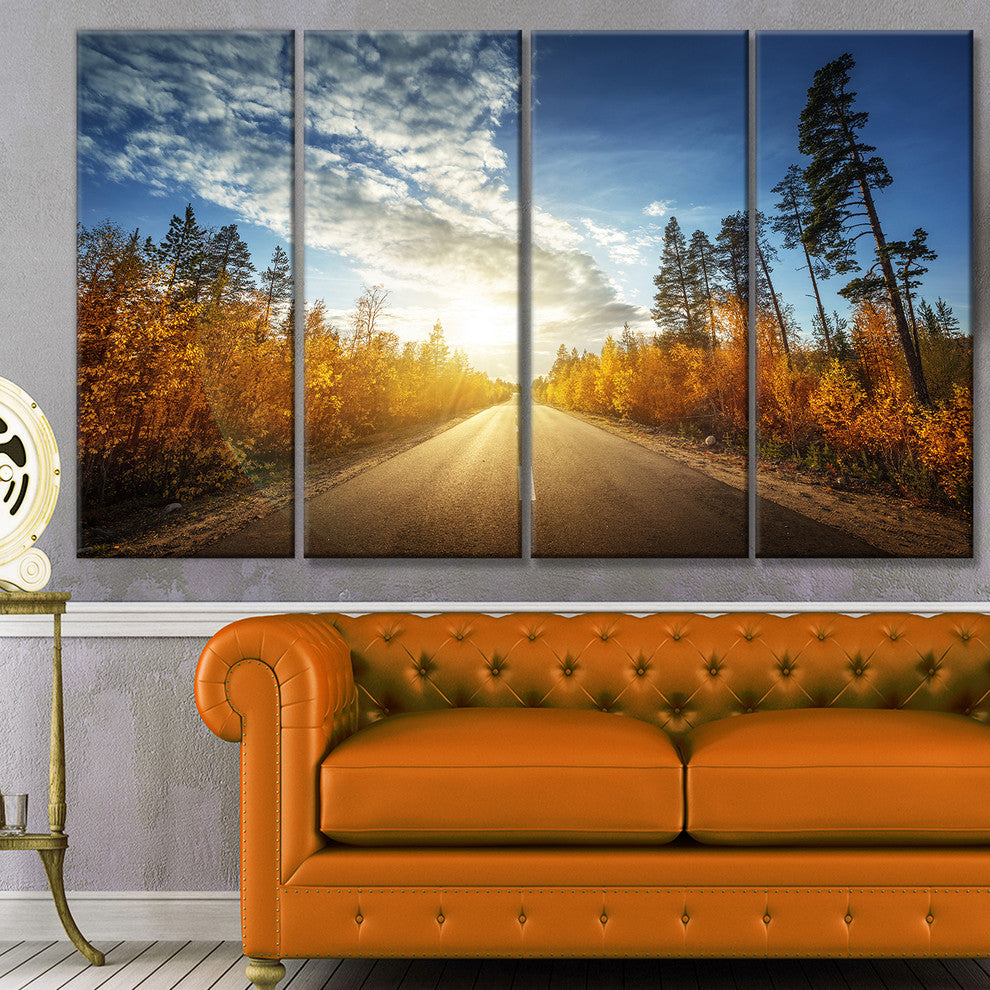 Road in Fall Forest Panorama, Landscape Canvas Art Print, 48"x28", 4 Panels