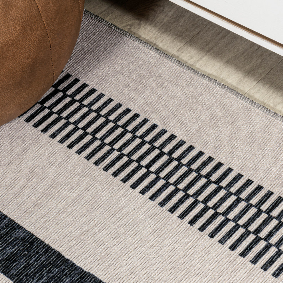 Vichy Geometric Striped Machine-Washable Area Rug, Cream/Black, 4x6