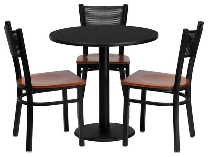 30'' Round Black Dining Laminate Table Set, 3 Grid Back Metal Chairs