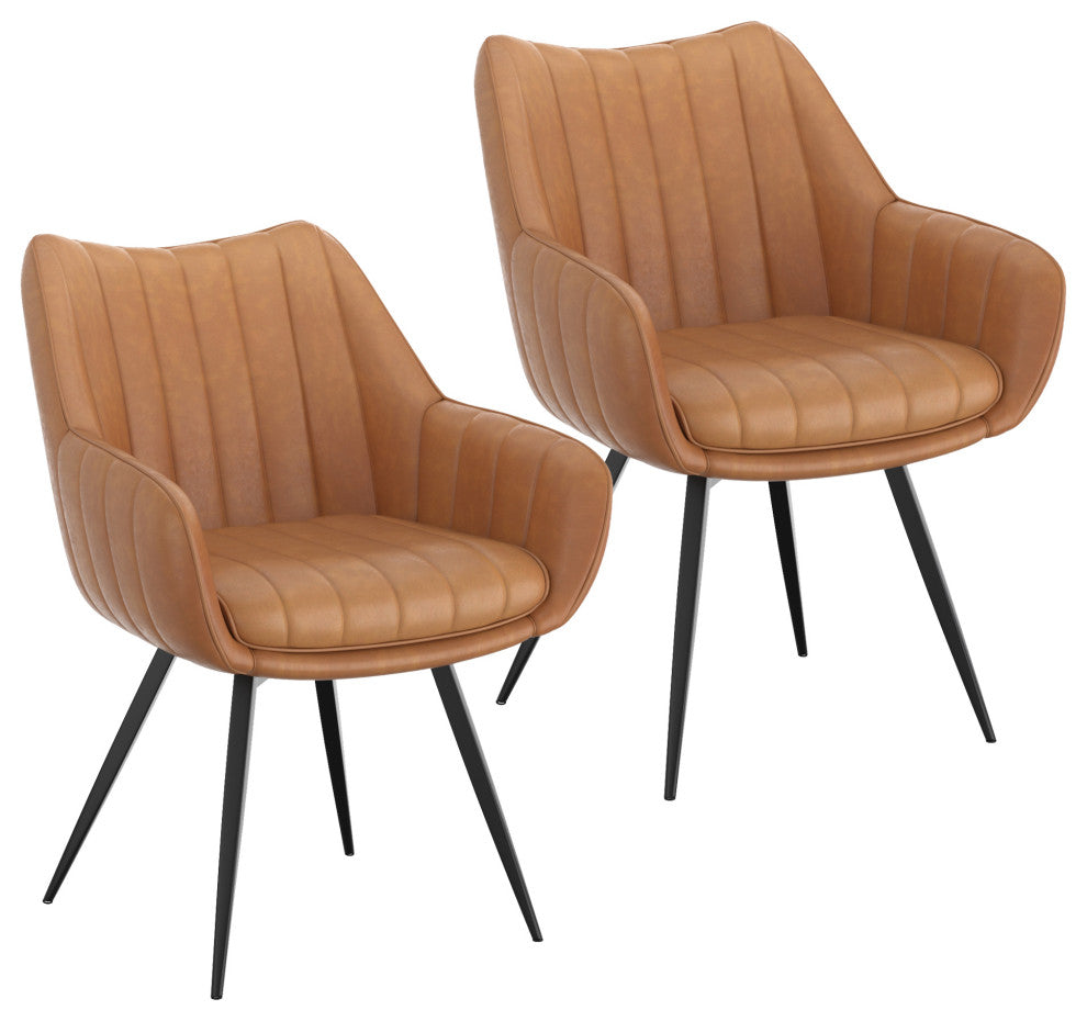 Modern Faux Leather/Metal Swivel Dining/Accent Chair, Set of 2, Camel/Black
