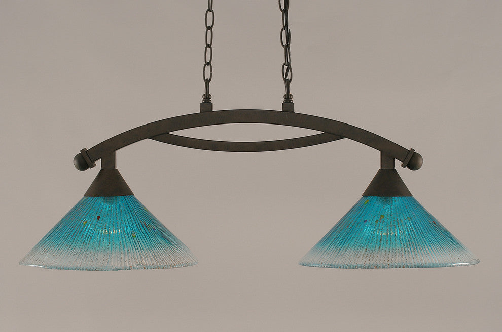 Bow 2 Light Island Light In Bronze, 12" Teal Crystal Glass