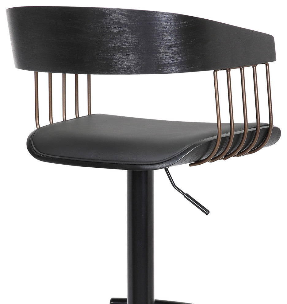 Larisa Adjustable Black Wood Bar Stool Black Faux Leather Bronze and Black Metal