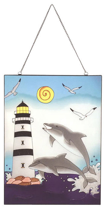 Lighthouse With Dolphins Stained Glass