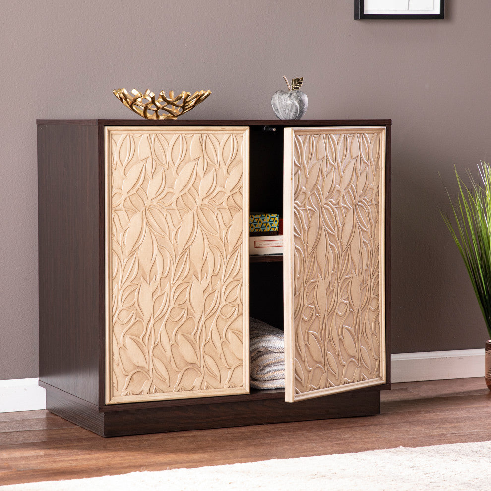 Lifestyle photo of cabinet in room with doors visible; full product shown.