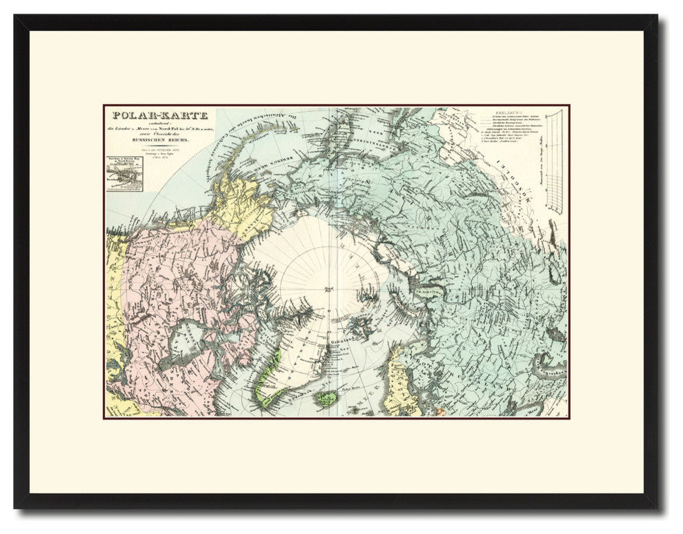North Pole Stieler Vintage Map Print On Canvas With Picture Frame 16" X 21"