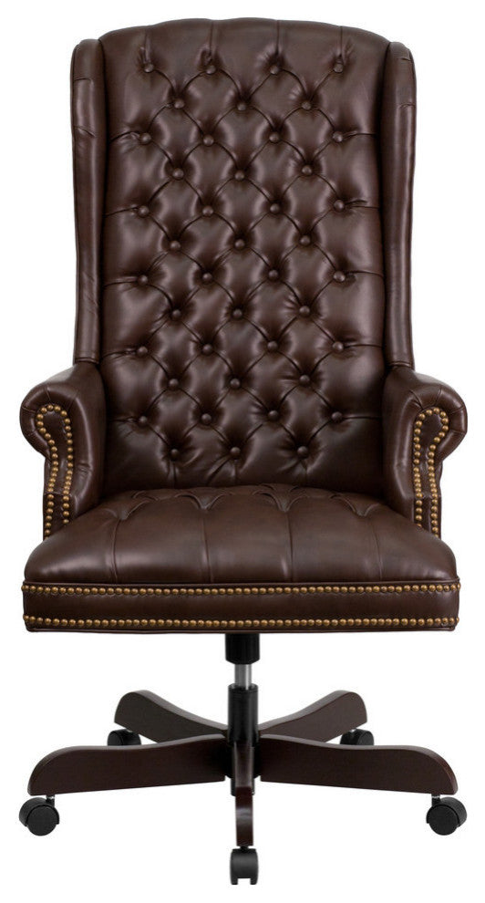 High Back Traditional Tufted Brown Leather Executive Swivel Chair With Arms