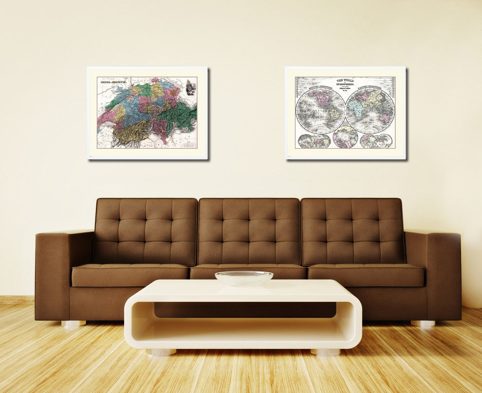 Switzerland Vintage Old Map Print On Canvas With Picture Frame 28" X 37"