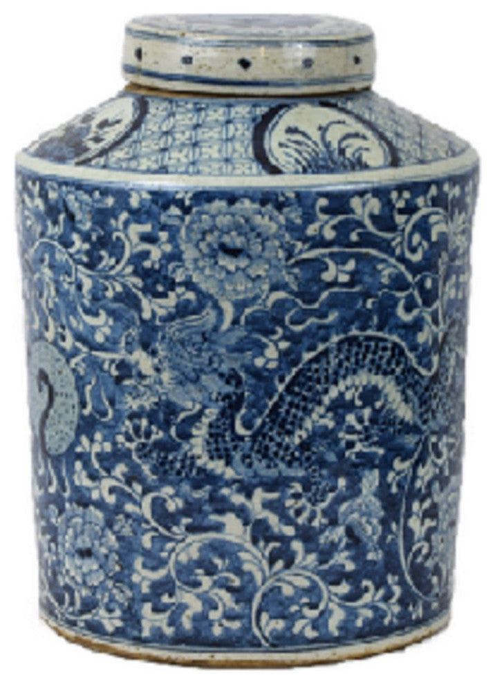 Blue and White Dragon Motif Porcelain Tea Caddy Jar 16"