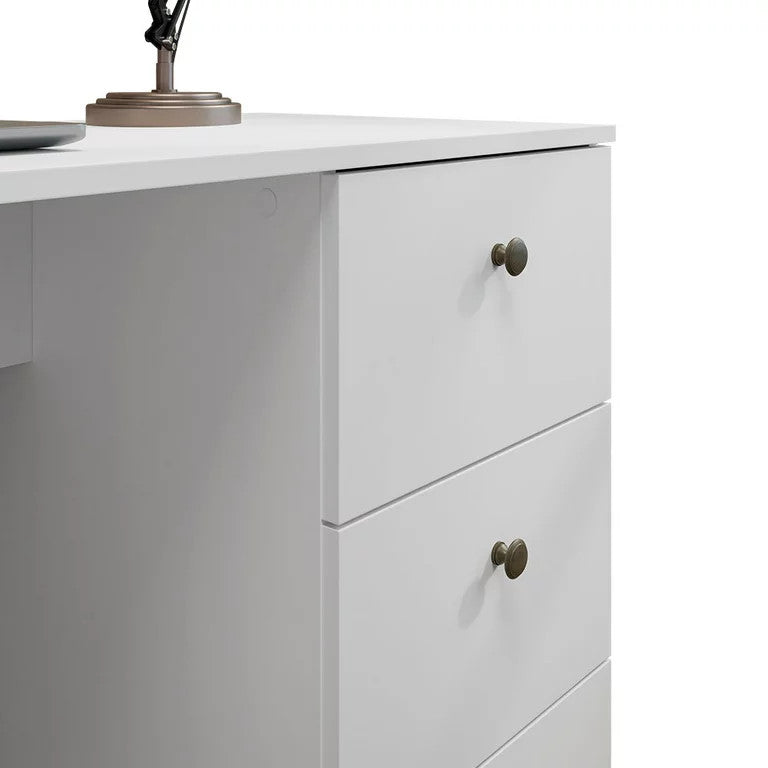 Modern Desk, Spacious Rectangular Top With Drawers & Single Door Cabinet, White