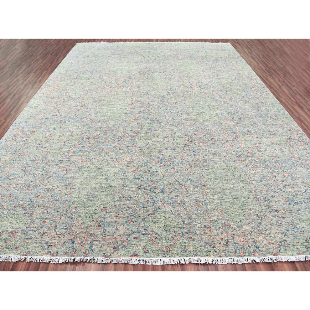 Green,Obscured and Subtle Collection,Hand Knotted, Oriental Rug, 12'x15'2"