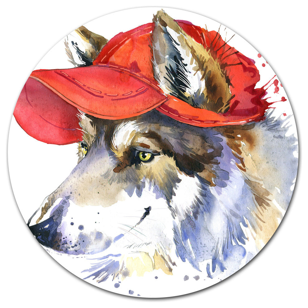 Wolf With Red Cap Illustration, Animal Round Wall Art, 23"