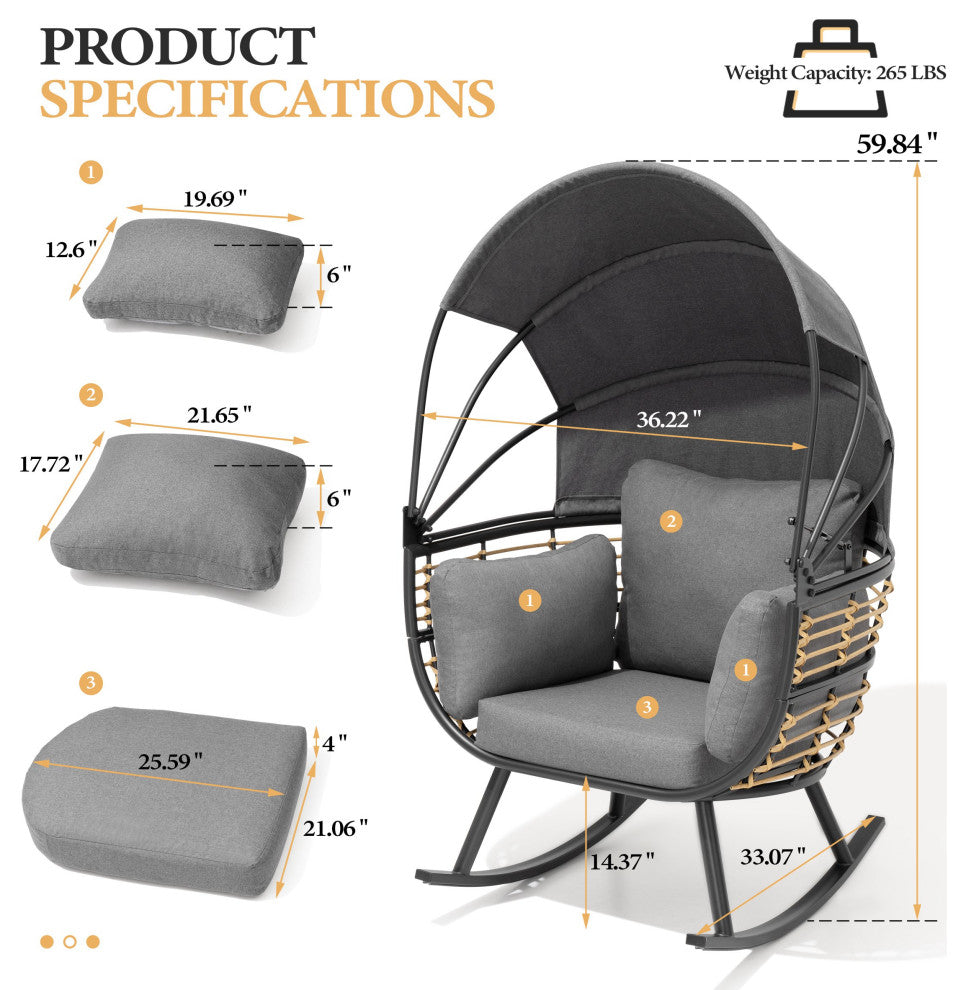 Egg Chair Outdoor Aluminum Rocking Lounge With Folding Canopy in Gray Finish, Gray