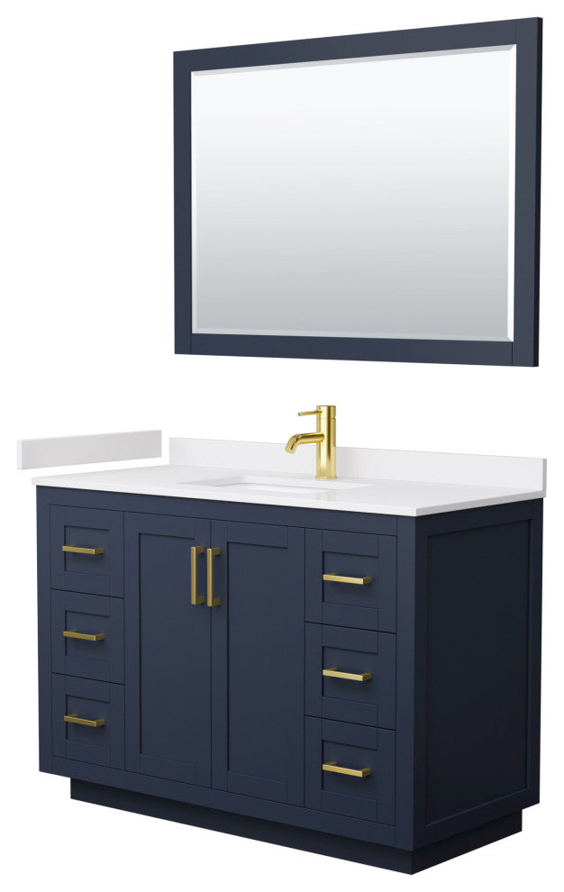 48"SGL Vanity Dark Blue, White Cult. Marble Top, Sink, Gold Trim, 46"Mirror