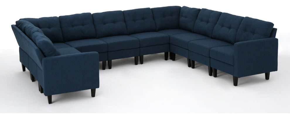 GDF Studio 10-Piece Niya Mid Century Modern Fabric U-Shaped Sectional Sofa, Navy