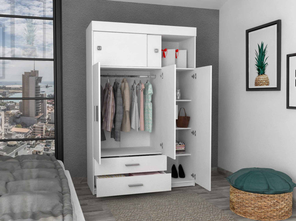 Tucson Modern Bedroom Armoire, with Two Drawers, Three Large Cabinets - White