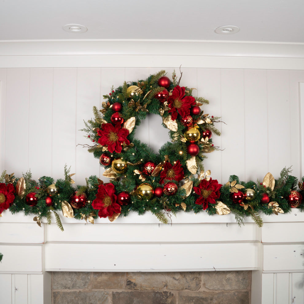30" Lighted Christmas Wreath, Golden Leaf Red Magnolia