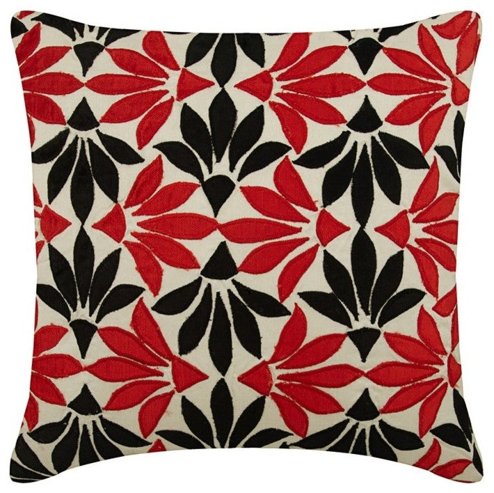 Decorative Velvet Applique Black & Red Silk 16"x16" Pillow Cover, Amaryllis