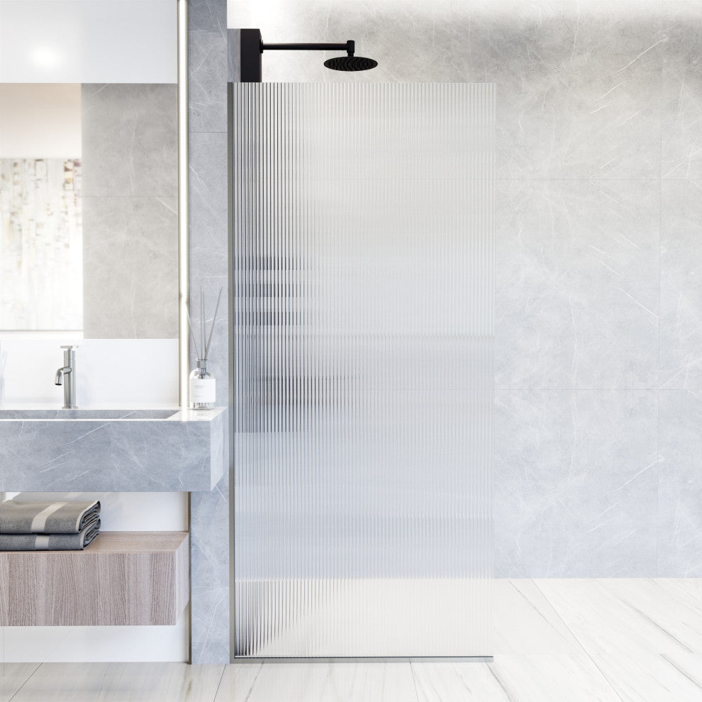 VIGO Zenith Frameless Fixed, Stainless Steel, Shower Screen, 34" W X 74" H, Fluted Glass