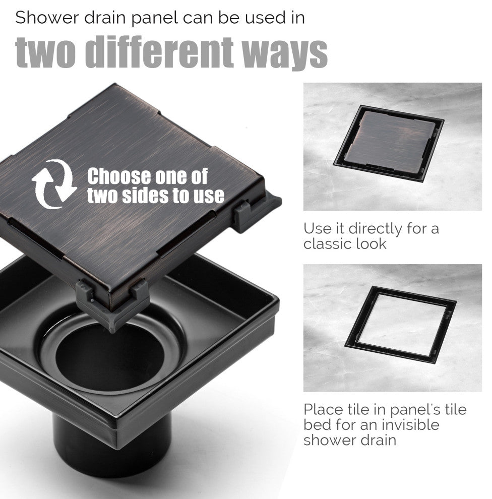 HEATGENE Square Shower Drain With Flat Cover and Base Flange, Venetian Bronze, 6