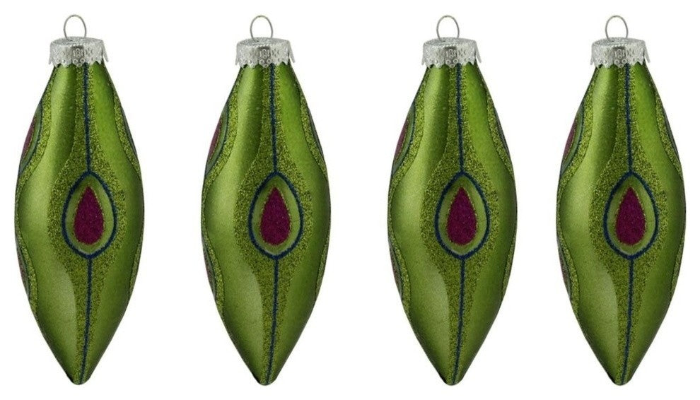Green Blue and Pink Peacock Design Glass Finial Christmas Ornaments 5", Set of 4