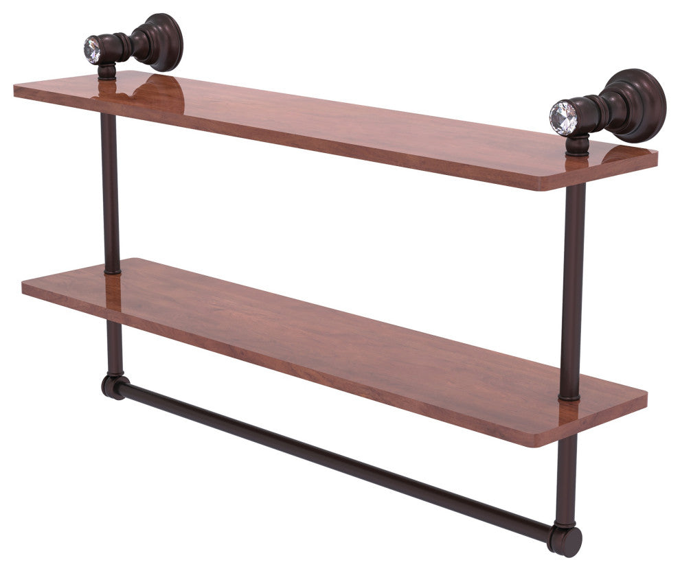 Carolina Crystal 22" Double Wood Vanity Shelf with Towel Bar, Antique Bronze