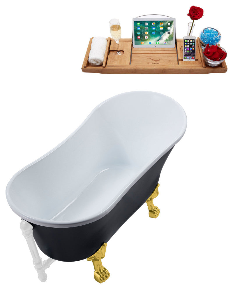 63" Streamline N353GLD-WH Soaking Clawfoot Tub and Tray With External Drain
