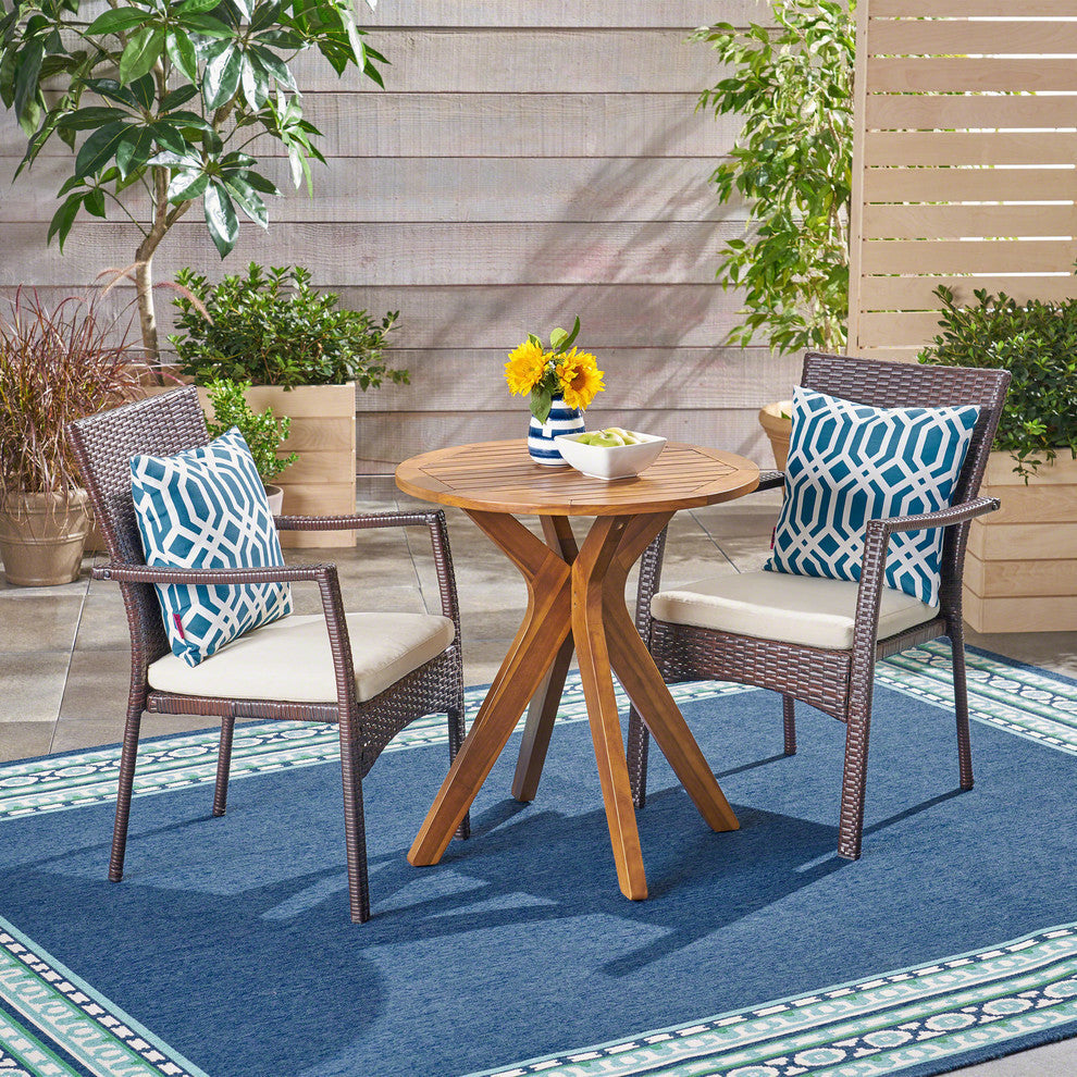 GDF Studio 3-Piece Kohler Outdoor Teak Acacia Wood and Wicker Bistro Set