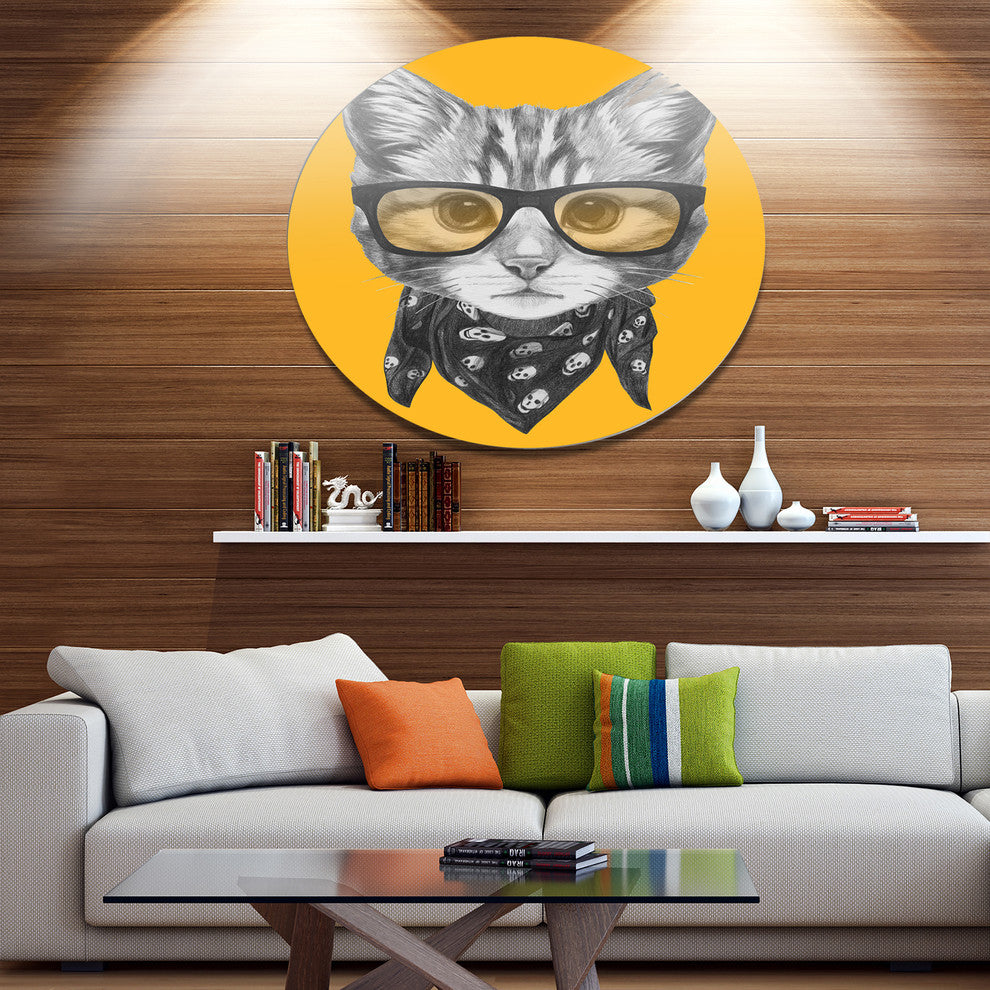 Funny Cat With Glasses And Scarf, Animal Disc Metal Wall Art, 36"