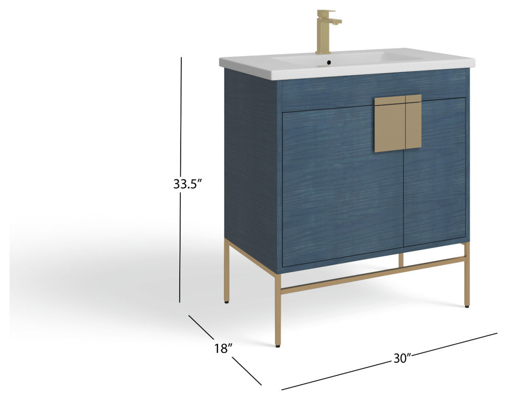 Lockhart Bath Vanity, French Blue, 30", Satin Brass Hardware, Single Sink, Freestanding