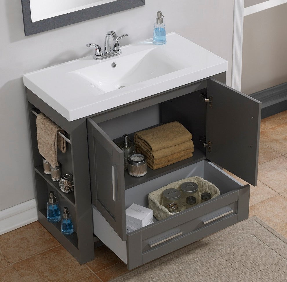 36" Vanity, Slate Gray Finish With White Cultured Top, Basin