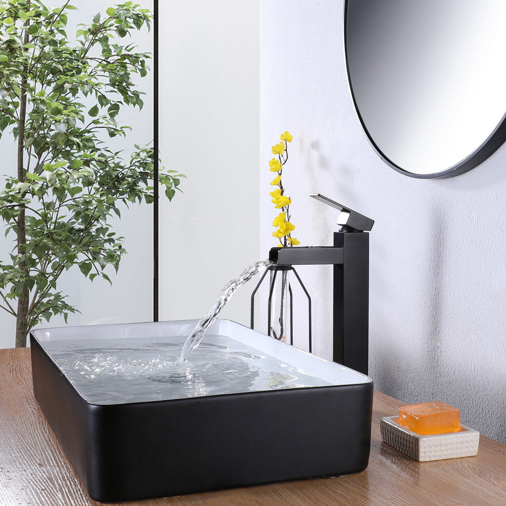 Single Hole Waterfall Bathroom Faucet, Matte Black