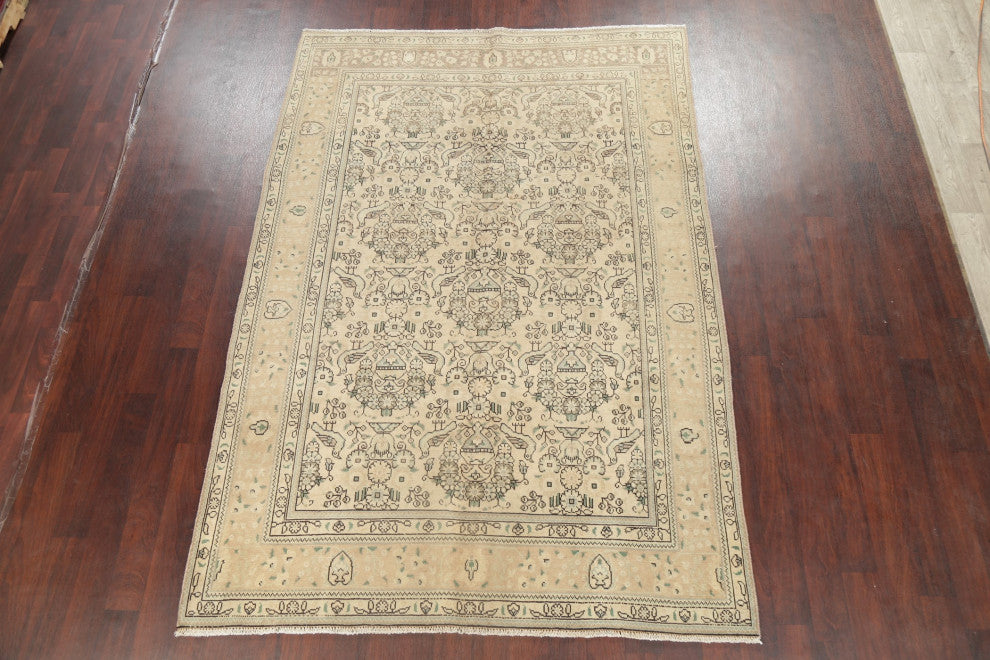 Consigned, Vintage-Style Faded Handmade Persian Traditional Area Rug, Beige, 6x9