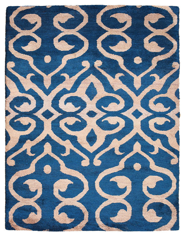 Hand Knotted Silk Area Rug Contemporary Blue Beige