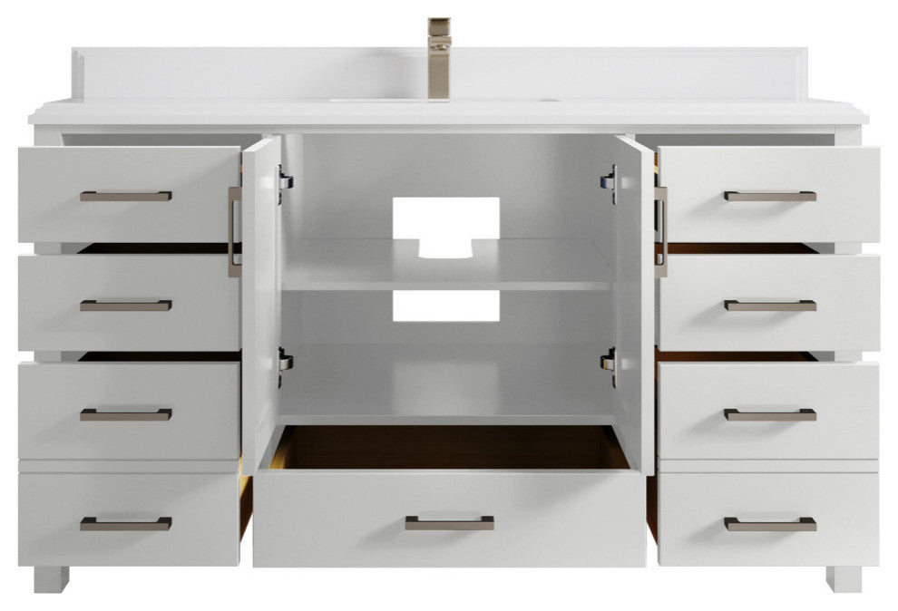 Malibu 60 Single Sink Bathroom Vanity in White  1.5" White Quartz