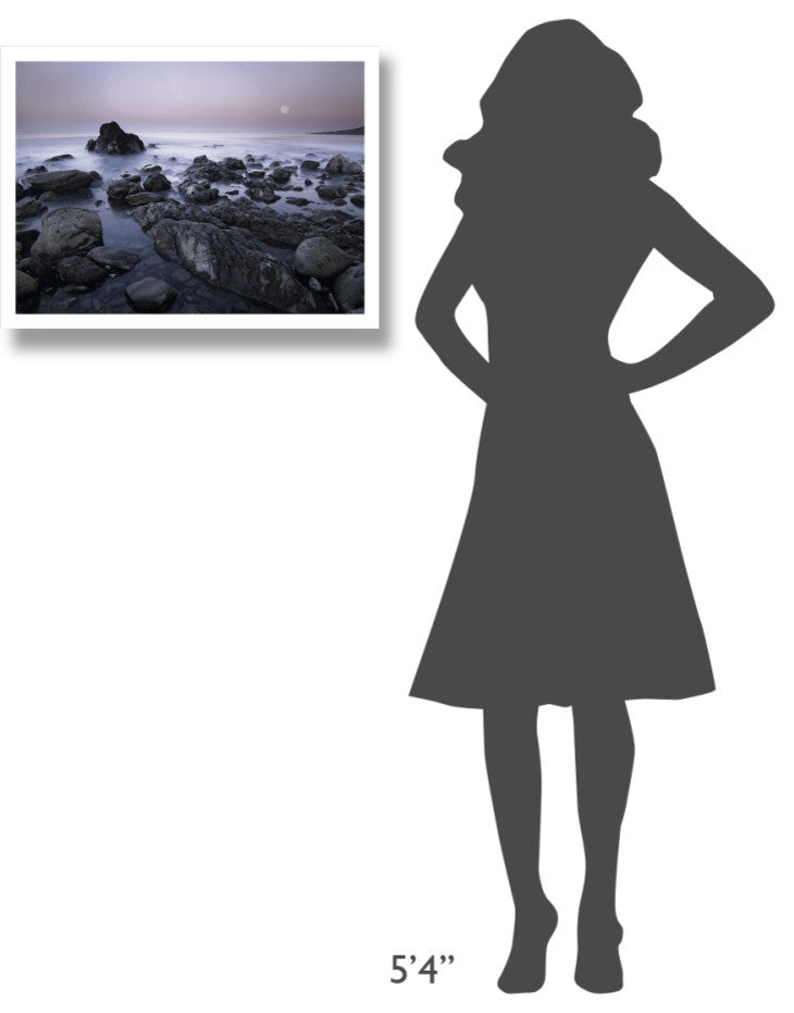 "Full moon over boulders at El Pescador State Beach, Malibu" Paper Art, 26"x20"