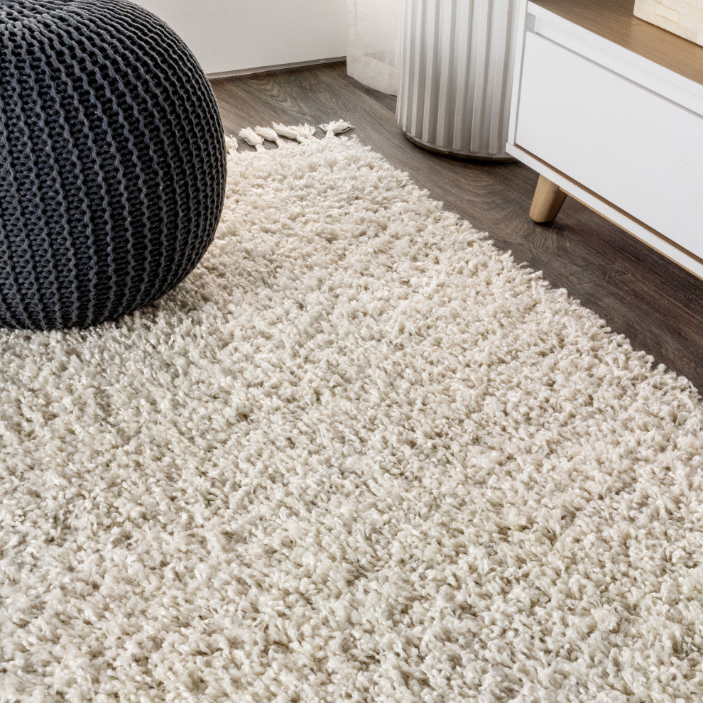 Mercer Shag Plush Tassel Area Rug, Cream, 2 X 8