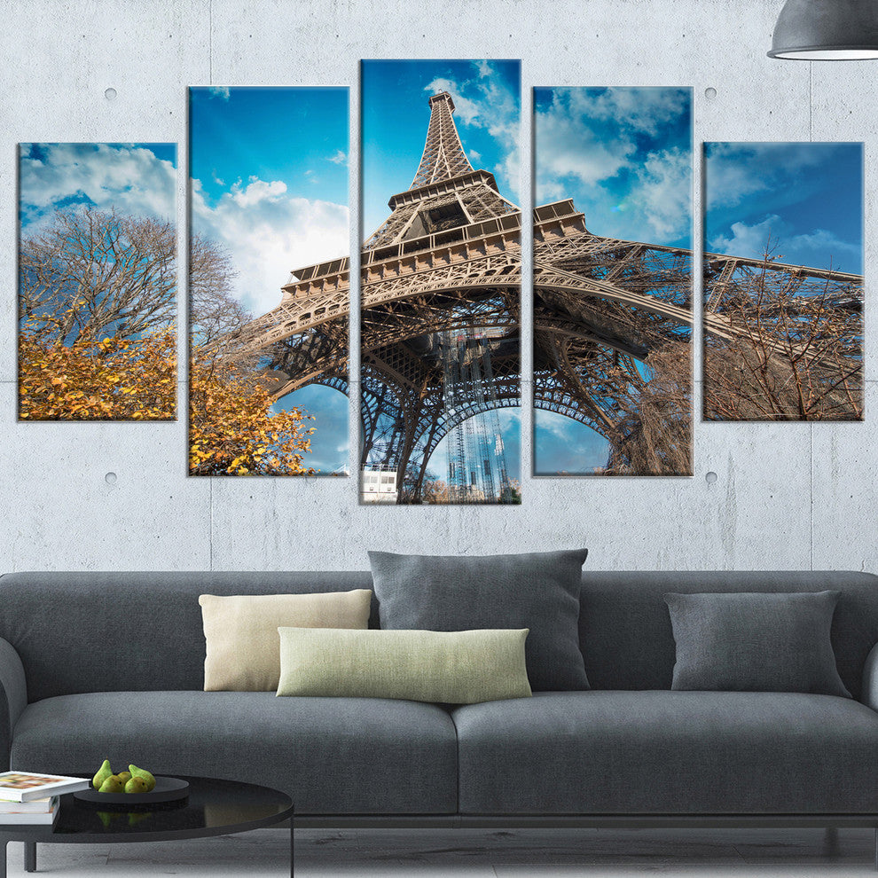 "Paris Eiffel Tower and Blue Paris Sky View" Cityscape Art, 60"x32", 5-Panels
