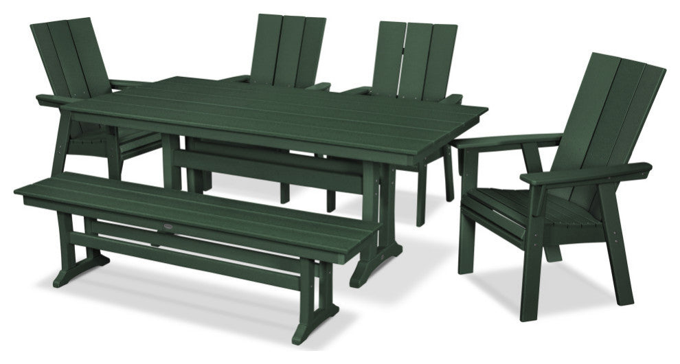 POLYWOOD Modern Adirondack 6-Piece Farmhouse Dining Set With Bench, Green