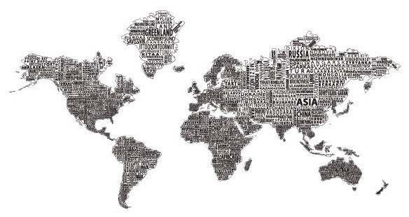 1-World Text Map Wall Mural, Black on White, Wallpaper, 3 panel, 107x57"