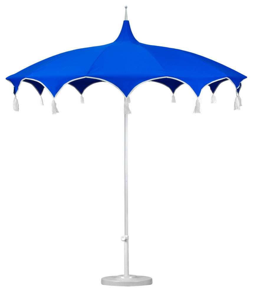 8.5' Sunbrella Playa Patio Umbrella With Tassels and 50-lb. Base, Pacific Blue