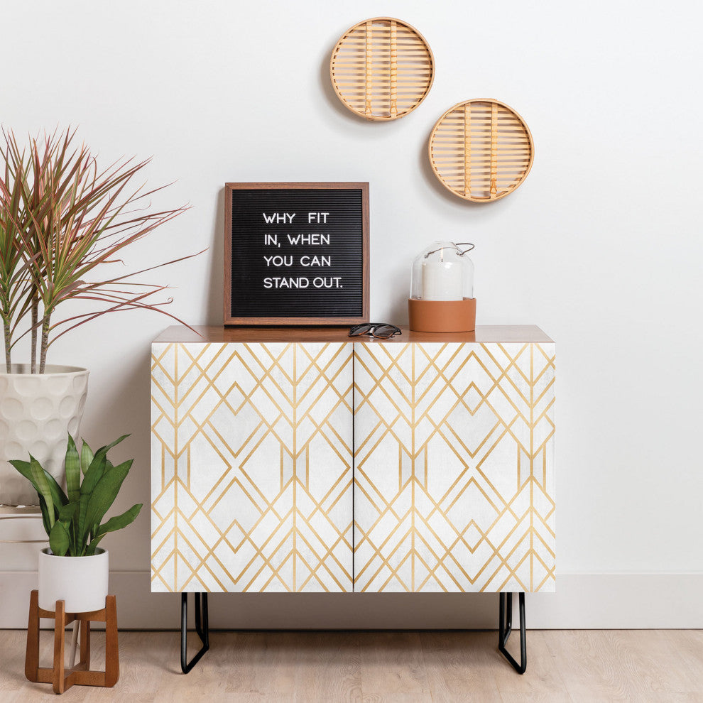Deny Designs Golden Geo Credenza, Walnut, Black Steel legs