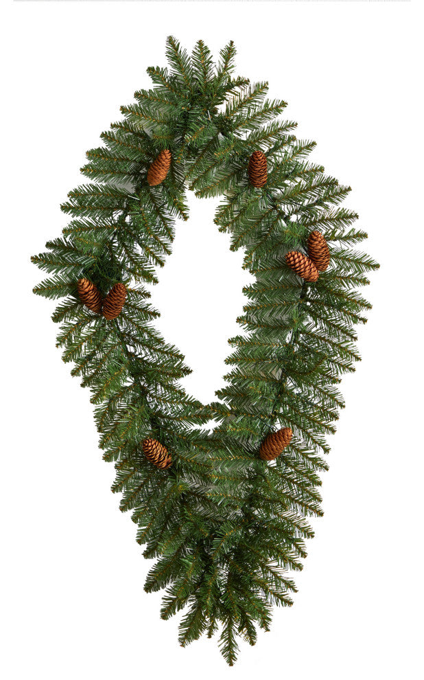 3' Holiday Xmas Geometric Diamond Wreath With Pinecones & Warm White LED Lights