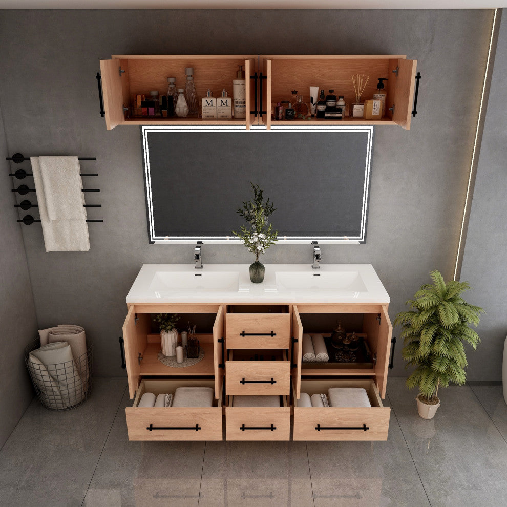 Victoria 60" Solid Wood Vanity Double Sink, Overhead Cabinet, Red Oak