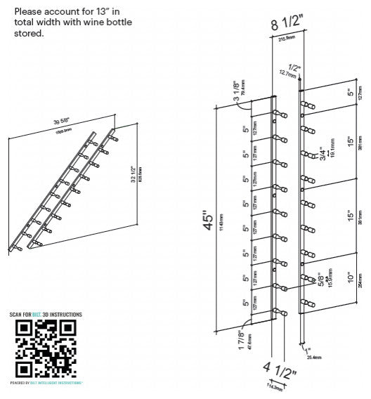 Vino Pins Flex 45 (wall mounted metal wine rack), Golden Bronze, 9 Bottlles