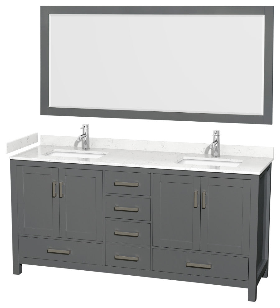 72"DBL Vanity Dark Gray, Carrara Cult. Marble Countertop, Sinks, 70"Mirror